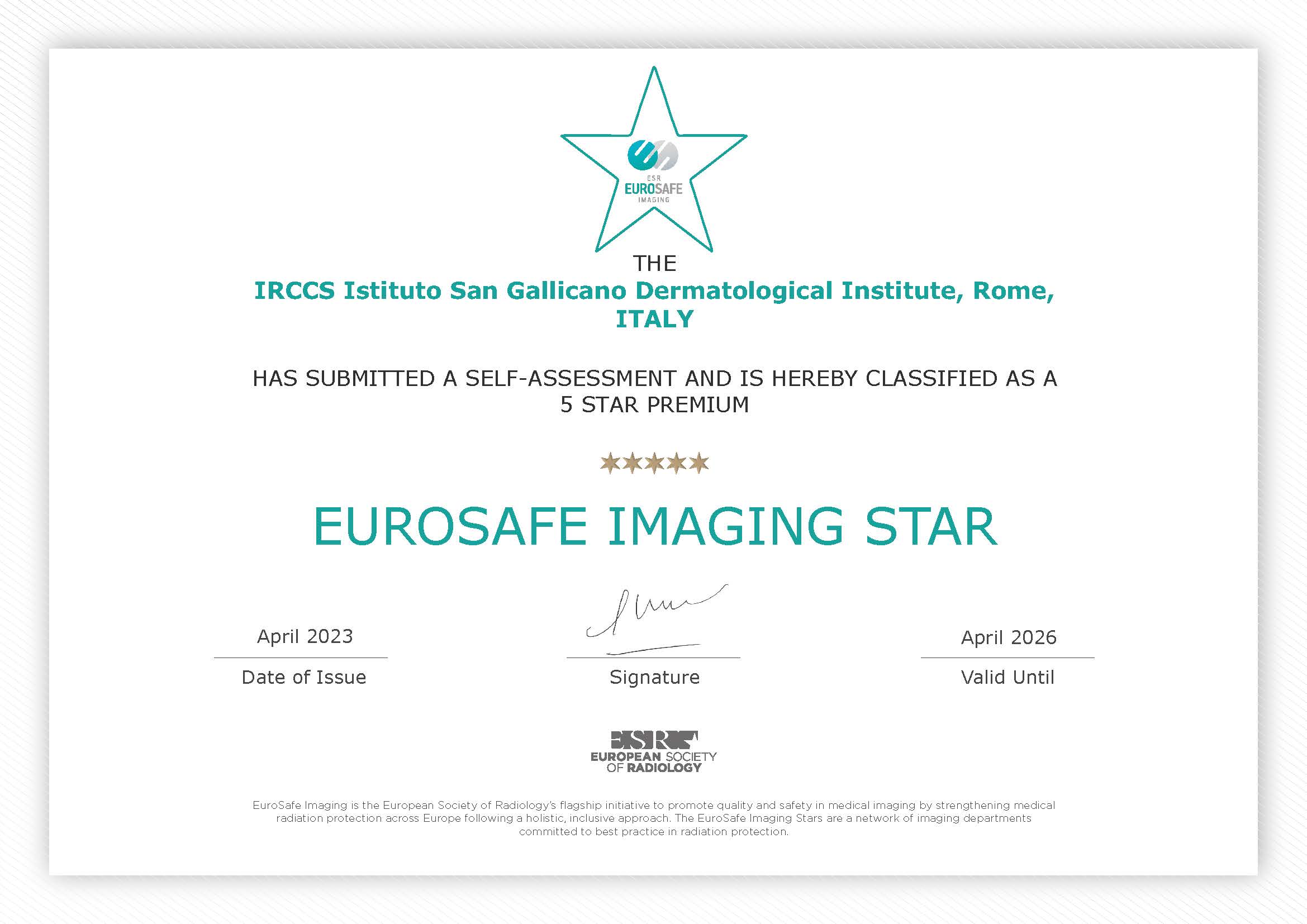 certificate Eurosafe - IRCCS Istituto San Gallicano_2023